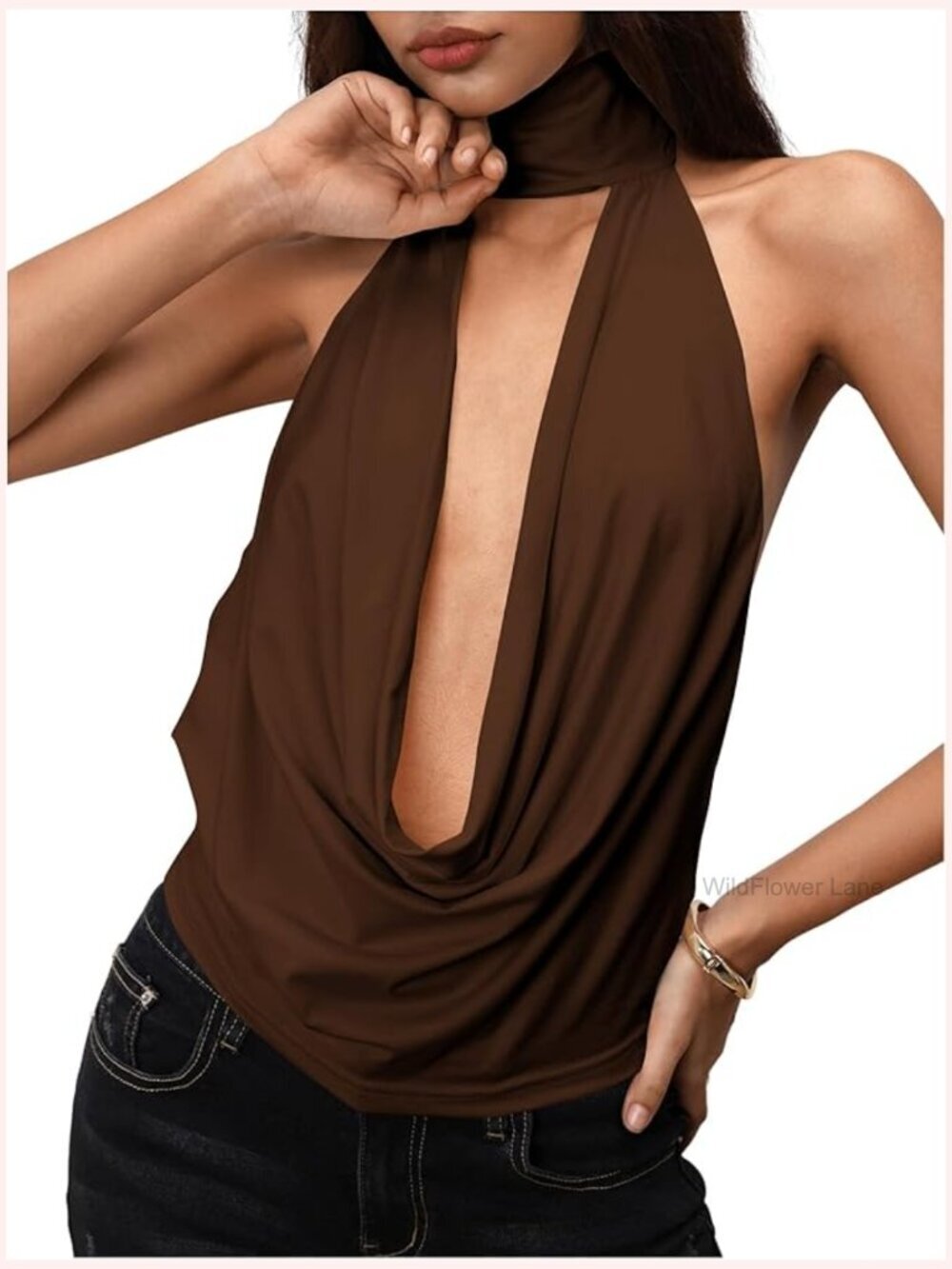 Sexy Halter Open Back Draped Cowl Neck Tank Top - Sleeveless Clubwear